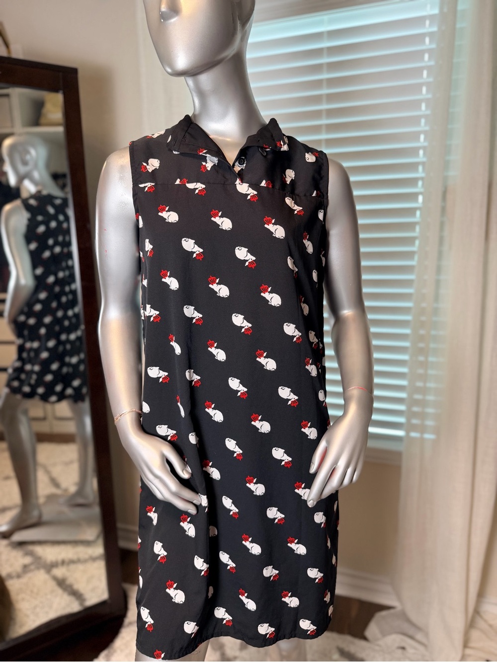 Myntra HERE & NOW Black Rabbit Red Crown Print Sleeveless Shift Dress Medium